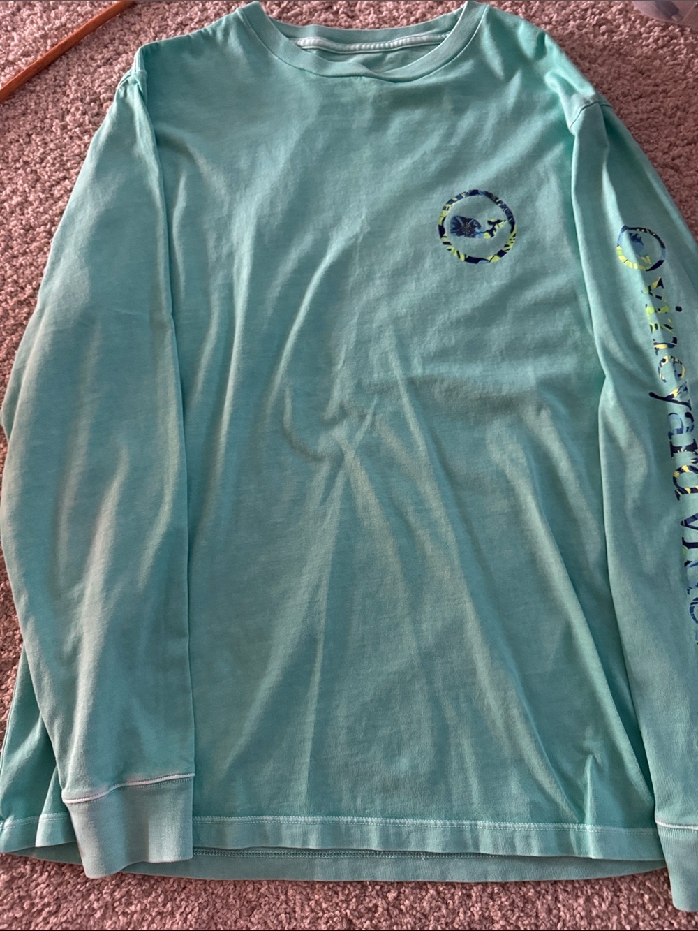 Vineyard Vines Men's Long Sleeve Tee - Seafoam with Navy & Yellow Accents
